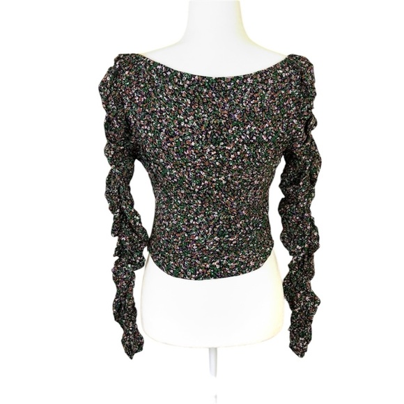 Astr Multicolor Floral Ruched Long Sleeve Sweetheart Neck Cropped Top (M) - - Picture 3 of 14